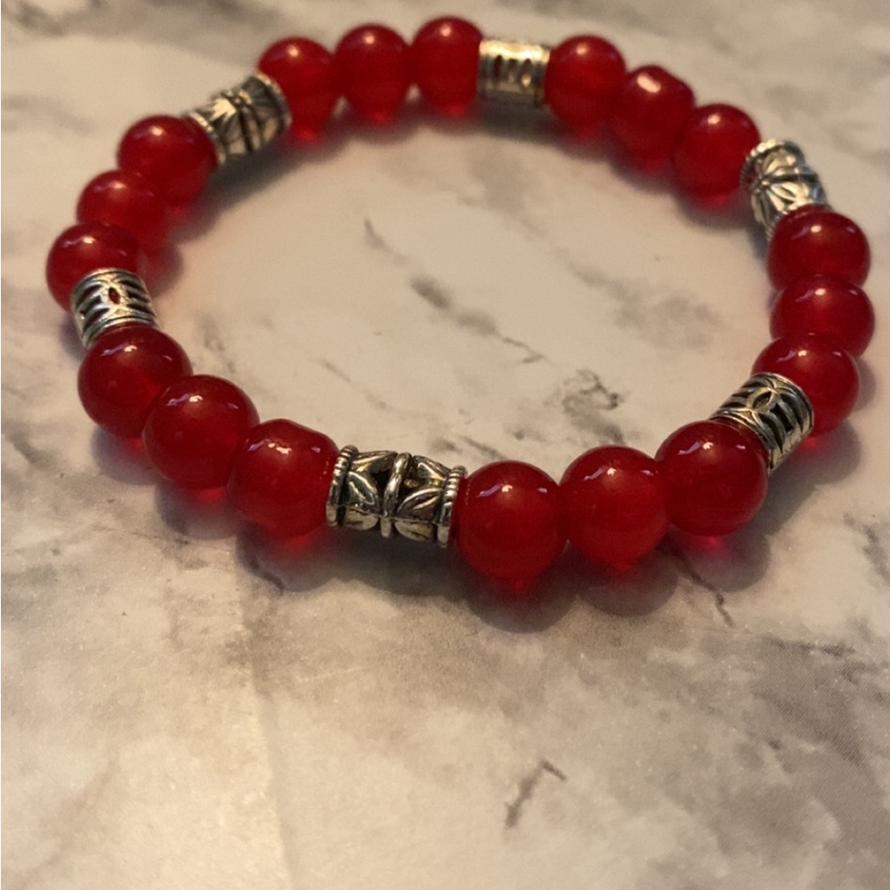 Red Beaded Bracelet with Silver Accents